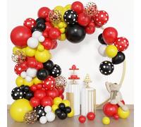 BlueCloudy Kit arco guirnalda globos rojo amarillo negro, diferentes tamaños 45 30 25 12 cm, globos látex rojo amarillo negro lunares confeti, para decoraciones cumpleaños suministros