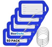 BlueCosto - Etiquetas para equipaje - Azules, Paquete de 50 - Etiqueta de maleta de viaje con tarjeta de identificación de nombre y bucles de alambre de metal de alta resistencia