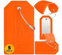 BlueCosto - Etiquetas para equipaje - Grande, naranja, paquete de 5 - Etiquetas para maleta de PVC con cubierta de privacidad y bucles de alambre de acero inoxidable