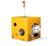 BlueDots Casa para rascar gatos de interior, condominio de 2 pisos con escondite, 2 almohadillas de cartón extra gruesas para rascar y juguete de plumas, gran escondite de esquina para gatitos