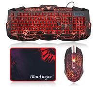 BlueFinger USB Wired Blue Red Purple Color LED Backlit Keyboard and Mouse Set with Cool Crack Pattern Adjustable Color - Black for Laptop & Desktop + BlueFinger Customized Gaming Mouse Pad as Gift