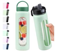 BLUEGO 700ml Botella de agua de vidrio con 2 tapas-Tapa con cierre de un toque y asa Botella reutilizable con indicador de tiempo para Viajes Casa Gimnasio Deportes Libre de BPA, Azul claro