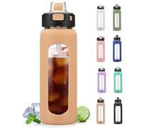 BLUEGO Botella de agua de 700ml de vidrio con asa y pajita Botella de hidratación con funda de silicona y marcación de tiempo Botella motivacional para gimnasio, deporte al aire libre, anti-fugas