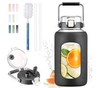 BLUEGO Botella de agua de vidrio de 84 onzas con dos popotes y mango de acero inoxidable, botella de agua motivacional grande con funda de silicona, botella de agua deportiva, botella de vidrio para