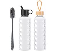BLUEGO Botellas de agua de vidrio, 700ml Vaso de vidrio, Botellas de bebida con 2 tapas, Botella de agua de motivación con marcador de tiempo y funda de silicona, Impermeable, Blanco
