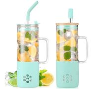 BLUEGO Taza de vidrio de 600 ml con 2 tapas y asa, bonito vaso de vidrio con pajitas y funda de silicona, taza de café helado, vaso de batido de 0.6 L, taza de té de burbujas reutilizable, color verde