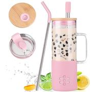 BLUEGO Taza de vidrio de 600 ml con 2 tapas y asa, bonito vaso de vidrio con pajitas y funda de silicona, taza de café helado, vaso de batido de 0.6 L, taza de té de burbujas reutilizable, taza de
