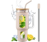 BLUEGO Vaso de vidrio con tapa y popote, taza de café helado de 1400 ml con asa, botellas de agua de borosilicato con funda de silicona, taza de 1.4 L con 2 popotes, sin BPA, ámbar