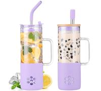 BLUEGO Vasos de vidrio de 600 ml con 2 tapas y asa, bonito vaso de vidrio con pajitas y funda de silicona, taza de café helado, vaso de batido de 0.6 L, taza de té de burbujas reutilizable, taza de