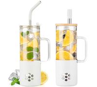 BLUEGO Vasos de vidrio de 600 ml con 2 tapas y asa, bonito vaso de vidrio con pajitas y funda de silicona, taza de café helado, vaso de batido de 0.6 L, taza de té de burbujas reutilizable, taza de