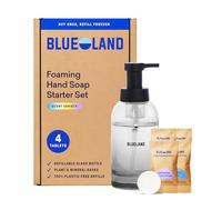 BLUELAND Juego de iniciación de jabón de manos, pizarra, 1 dispensador de jabón de manos espumoso de vidrio recargable con 4 tabletas de repuesto, aroma a agave iris, 4 x 9 onzas líquidas