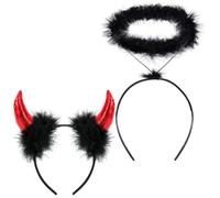 Bluelves 2 Piezas Diademas Carnaval Set,Tiara Cuernos de Diablo Rosa + Halo de Ángel Negro,Diadema Orejas de Demonio y Ángel Caído para Carnaval Halloween Cosplay Mascarada Fiesta