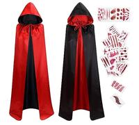 Bluelves Capa de Halloween, Vampiro Capucha Capa, Manto Reversible Negro Rojo, 30 Tatuajes Temporales, Halloween Dracula Cosplay, Disfraz de Halloween para Niños Adultos Fiesta Cosplay Deco (140cm)