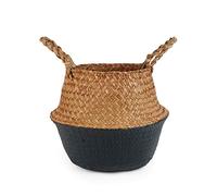 BlueMake Cesta tejida de hierba marina para almacenamiento, lavandería, picnic, cubierta de macetas, almacenamiento de comestibles y juguetes (negro, pequeño)