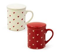Blümelhuber Juego de tazas de porcelana con decoración de corazón, juego de 2 tazas de colores con corazones con tapa y colador, 340 ml de capacidad
