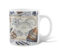 Blueprint - Taza de café de cerámica, diseño industrial vintage con brújula, color azul, novedosa taza de trabajo con asa, ideal para amistad, familia, colegas, personal, novios, profesores, 11 onzas