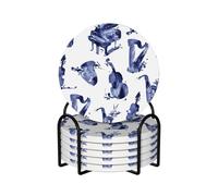 Blues Saxofón Piano Violonchelo Bajo,Posavasos Redondos de cerámica, Almohadilla para Tazas, Juego de 6 Posavasos para Bebidas