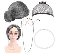 BLUESEABUY 5 Piezas Granny Vieja Señora Accesorio con Peluca Capucha Gris Abuela Peluca Abuela Gafas Correa Cadenas Gafas Joyas de Perlas para Halloween Carnaval Juegos de rol