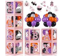 Blueweenly 56 piezas de decoraciones de Halloween A Little Boo is Almost Due Baby Shower, 4 bloques de caja transparente con 4 cuerdas de luz LED, tarjetas y globos, suministros de fiesta de baby