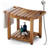 BLUEWEST Banco de Ducha con Estante de Almacenamiento, Bancos de Ducha de Madera Natural para Sentarse en el Interior, Taburete de SPA Impermeable para afeitarse Las piernas con Mango Integrado y