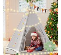 BlueWood Tipi Infantil, Tienda de campaña Interior para Niños con Luces de Hadas, Tienda de Juego con Banderas de Colores, Almohada de Flores, Alfombrilla Antideslizante y Bolsa de Almacenaje