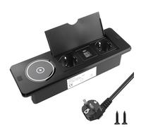 BlueXP 2 Tomas Presa da Tavolo con Caricatore Wireless Multipresa Incasso con 2 USB y 1 USB-C Superficie di Ricarica Qi Coperchio a Ribalta & Cavo EU 1,8 m Presa Retrattile per Cucina Ufficio Nero