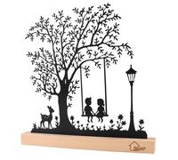 BlueXP Figura Decorativa Árbol con Niños en Columpio Escultura de Metal Negro sobre Base de Madera de Abedul Hecha a Mano Decoración de Mesa Moderna para Salón Alféizar de Ventana Habitación Infantil