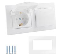 BlueXP Kit de Enchufe de Empotrar 2 VíAs 16A 250V Doble Toma con Tapa Abatible Blanco Para Exterior Resistente Al Agua con Contacto de Tierra y Tapa Abatible Para BañO Cocina Garaje