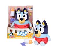 Bluey Bebé mimos y cuidados, cuida, alimenta y Calma Bebé, Peluche electrónico de 28 cm con 10 Sonidos de bebé Diferentes, 2 Accesorios y pañal extraíble