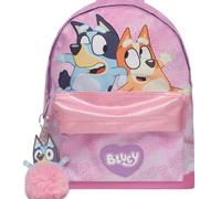 Bluey & Bingo - Mochila rosa para guardería y escuela con bolsillo frontal y ribete de purpurina, soporte para botella y llavero con pompón, a partir de 3 años