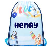 Bluey Bolsa de polietileno personalizada con cordón para niños, bolsa de escuela o natación para niñas, mercancía personalizada para niñas, color azul, azul claro