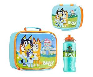 Bluey Bolsa Termica Porta Alimentos, Set 3 Piezas con Loncheras para Niños, Fiambrera Infantil Sandwichera y Botella de Agua, Merienda Bocadillos Guardería Accesorios Oficiales (Azul/Naranja)
