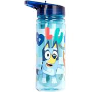 Bluey Botella de agua con pajita de 580 ml, 100% a prueba de fugas, duradera, botella de agua escolar, plástico resistente y sin BPA, color azul claro