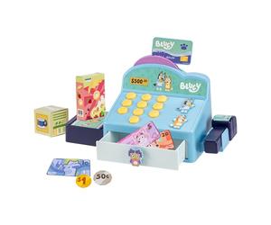 Bluey - Cajero. Presiona botones para pitidos, sonidos y frases; escanea paquetes con el escáner y juegos de tienda; usa tarjeta de juguete y dinero