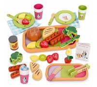 Bluey - Dine in with Bluey Set, 32 Piezas de Madera con espárragos mágicos, Platos, Utensilios Juegos de rol y diversión imaginativa, Certificado FSC, Adecuado para