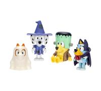 Bluey Pack de 4 Figuras, Halloween, Figuras articuladas de 6,3 cm, Bingo, Chloe y Lucky con Disfraces de Halloween, con Accesorios