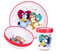 Bluey Juego de 3 vajillas reutilizables bicolor prémium para niños, plato, cuenco y vaso, sin BPA