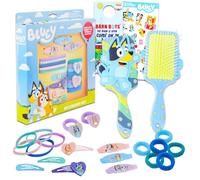 Bluey - Juego de accesorios para el cabello para niñas, paquete con cepillo para el cabello Bluey, 3 clips a presión, 4 pasadores, 8 terries, 5 elásticos y más | Accesorios para el cabello Bluey para