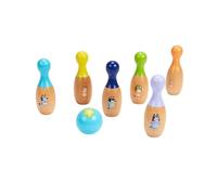 Bluey Juego de bolos clásicos de madera, juego colorido de 7 piezas, madera sostenible certificada FSC, juego de bolos para interiores y exteriores para niños, mejora la coordinación ojo-mano, incluye