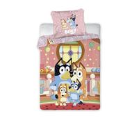 Bluey - Juego de cama infantil (100 % algodón, reversible, 100 x 135 cm, funda de almohada de 40 x 60 cm, certificado Öko-Tex Standard 100, diseño familiar Heeler, rosa y azul
