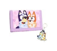 Bluey Juego de cartera y llavero para niñas | Bonita cartera triple de dibujos animados para niños con diseño de personajes de bolsillo con cremallera | Divertido regalo para niños y fans