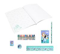 Bluey Juego de Papelería, Incluye Cuaderno Lapiz Regla Sacapuntas Borrador y 12 Lapices Ceras de Colorear, Regalo Set de Papeleria para Niños