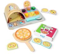 Bluey Juego de Pizza - Juego de 35 Piezas de Comida de Juguete, Juego de Pizza de Madera con Horno, Piezas para Pizza, Caja, Cortador, Pala, Tarjetas de Pedido y Rellenos - Juego de Juguetes para