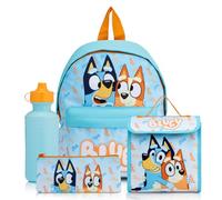 Bluey Mochila escolar de 4 piezas con bolsa de almuerzo, botella de agua y estuche para lápices, mochila escolar para niños con bolsillo canguro y lateral de malla, a partir de 2 años, Blue, Juego de