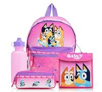 Bluey Mochila escolar de 4 piezas para niñas con bolsa de almuerzo, botella de agua y estuche para lápices, mochila para niños con bolsillo frontal de canguro y lateral de malla, suministros de