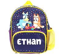 Bluey Mochila personalizada para niños, bolsa de guardería de malla para botella de agua y bolsillos delanteros con cremallera, personalizable con cualquier nombre, color morado, Morado (