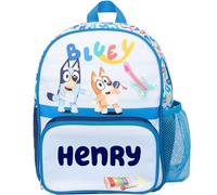 Bluey Mochila personalizada para niños, bolsa de guardería de malla para botella de agua y bolsillos delanteros con cremallera, personalizable con cualquier nombre, color azul claro, azul claro