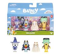 Bluey Pack de 4 Figuras, Halloween, Figuras articuladas de 6,3 cm, Bingo, Chloe y Lucky con Disfraces de Halloween, con Accesorios