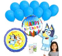 Bluey Paquete de 13 globos - Paquete con 2 globos de aluminio, globos de cumpleaños, calcomanías, más | Decoraciones de globos de Bluey para fiestas, niños y niñas