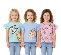 Bluey Paquete de 3 camisetas para niñas | Camisetas de manga corta con volantes | Camisetas 100% algodón | De 18 meses a 8 años, 5-6 años